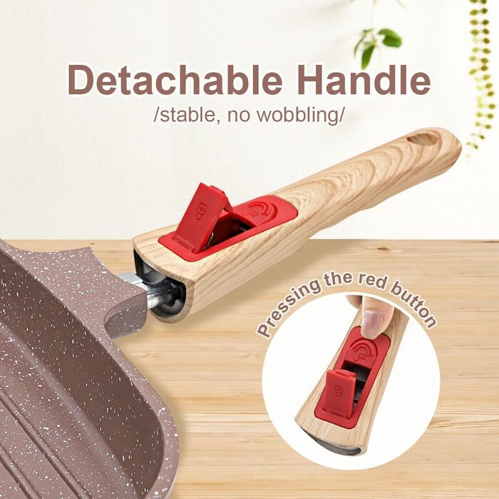 Гриль-сковорода з кришкою для індукційних плит 26 x 24 см, антипригарне покриття з кераміки, гриль-сковорода з знімним ручками, для всіх типів плит, коричнева