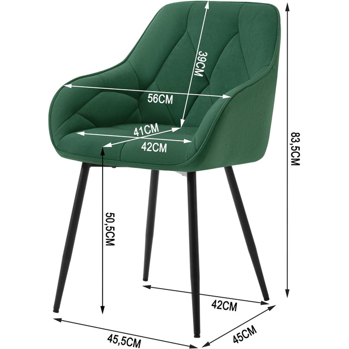 Комплект з 2 обідніх стільців, ергономічні, підлокітники, металеві ніжки, темно-зелений, оксамит