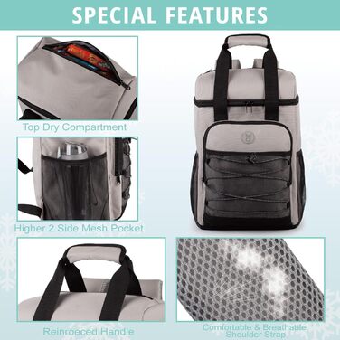 Рюкзак-холодильник з м'яким ручним захопленням, легкий та ізольований, водовідштовхуючий, велика місткість – ідеальний для жінок та чоловіків для пляжу, кемпінгу, пікніка, риболовлі та піших прогулянок (Сірий)