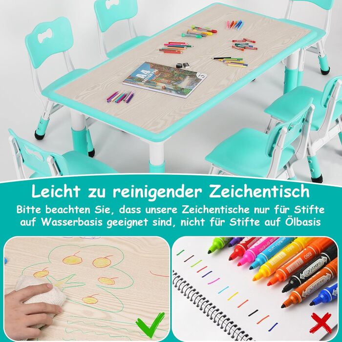 Дитячий стіл MAMIZO на 6 стільців, регульований по висоті, для дитячого садка та дитячої кімнати, від 2 років, м'ятно-зелений