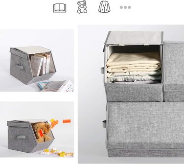 Штабельована коробка для зберігання з кришкою, набір з 3 шт. , органайзер для іграшок, металевий каркас, магнітна застібка, для одягу, іграшок та книг, сірий RLB12GY