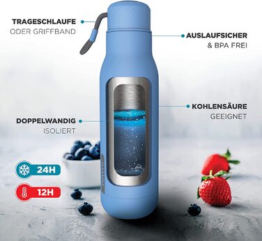 Пляшка для пиття MASSINI з нержавіючої сталі, газована і герметична-дизайнерська пляшка об'ємом 500 мл на 12 годин з підігрівом і 24 години з охолодженням - ваша пляшка для води (500 мл, блакитна)