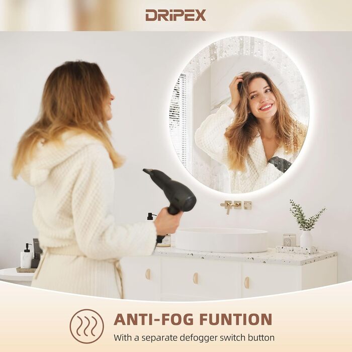 Дзеркало для ванної кімнати з LED підсвічуванням Dripex, сенсорне керування, регулювання яскравості, 3 кольори світла, антизапарник, 80x80 см (кругле)