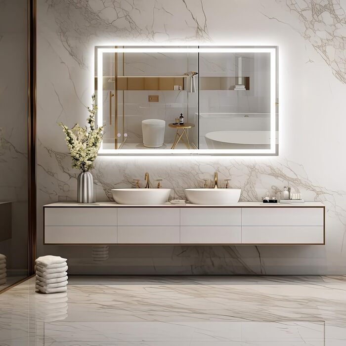 Дзеркало для ванної кімнати з підсвічуванням 80x60 см, LED дзеркало з 3 кольорами світла, регулюванням яскравості, захисне скло, сенсорне управління, функція пам'яті, запобігання запотіванню, для ванної кімнати