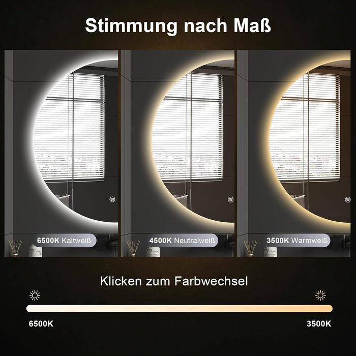 LED дзеркало для ванної кімнати з підсвічуванням Round - регульоване по яскравості з 3 кольорами світла (3500K-6500K), сенсорний вимикач, запобігає запотіванню - дзеркало для ванної кімнати з підсвічуванням для макіяжу та гоління (60см фонове освітлення)