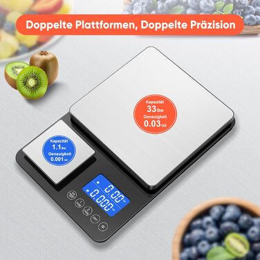 Кухонні ваги цифрові з двома платформами, 15 кг/1 г та 500 г/0.01 г, з 7/6 одиницями вимірювання, функцією підсумовування, автовимкненням, тарою, без USB, LCD-дисплеєм, для кухні, ювелірних виробів, випічки, приготування їжі, з батарейками (чорний)