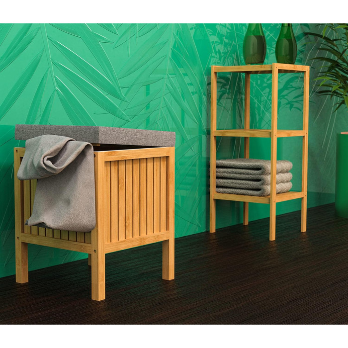 Стілець для ванної кімнати з бамбука EISL BMBA02-BH2, з місцем для білизни, 35x45x35 см