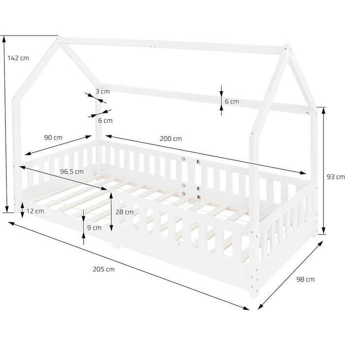 Дитяче ліжко ML-Design 90х200 см із захистом від падіння, дахом і рейковим каркасом, білий, масив дерева Дитяче ліжко, Будиночок ліжко для дівчаток/хлопчиків, Ліжко будиночок з масиву сосни, Стійке молодіжне ліжко Дитячий будиночок 90 х 200 см Білий