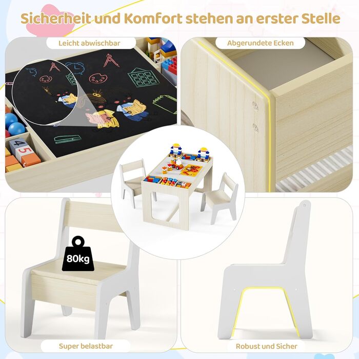 Дитячий стіл та стільці Mamizо з місцем для зберігання, набір для дитячої кімнати, школи, дитячого садка, від 3 років (білий)