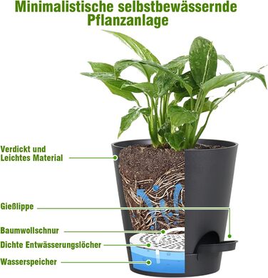 Набір горщиків для квітів 6 шт. з автополивом, чорний. Підходить для дому та балкона. Розміри: 20.3-12.7 см.