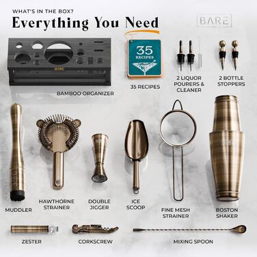 Набір бармена BARE BARREL® Mixology: 16 предметів для приготування коктейлів | Шейкер Boston, Martini, мірні інструменти | 35 рецептів | Подарунок