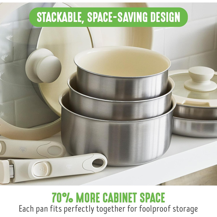 Набір кухонного посуду GreenLife 10 предметів з антипригарним покриттям, знімними ручками та функцією складання. Безпечний, не містить PFAS, підходить для індукційних плит, економія місця, сервіровочні миски.