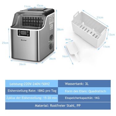 Машина для приготування кубиків льоду COSTWAY 3.2 л з таймером, 24 кубики льоду за 15 хвилин, 18 кг/24 години, РК-дисплей, включаючи мірну ложку