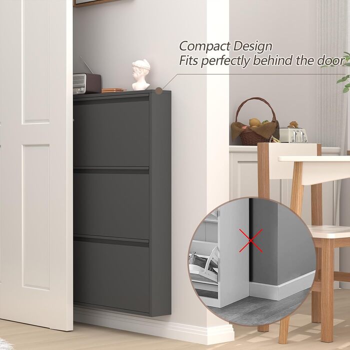 Взуттєва шафа GREATMEET для передпокою, вузька, настінна, металева, з 3 висувними ящиками (чорна)