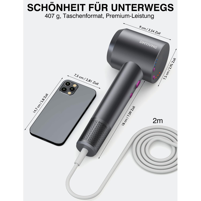 Іонний фен для волосся з високошвидкісним безщітковим двигуном 160 000 об/хв, 500 млн негативних іонів, 12 режимів, магнітна насадка, низький рівень шуму