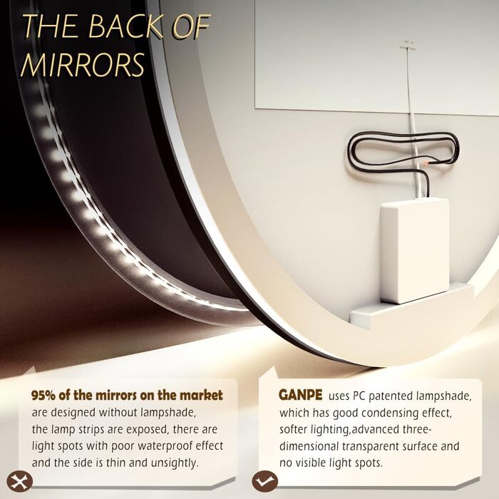 Дзеркало з LED-підсвіткою, кругле, з датчиком руху, для макіяжу, регульоване, антизапар, водонепроникне IP44, для ванної кімнати, настінне, діаметр 90 см