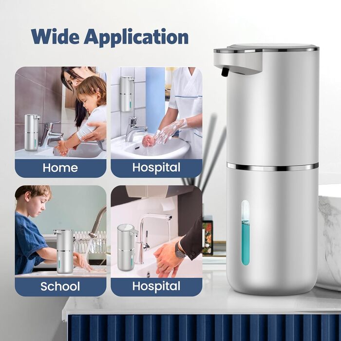 Автоматичний дозатор мила, 380 мл, електричний, з датчиком, USB, водонепроникний, для кухні, ванної, школи, готелю, сріблястий