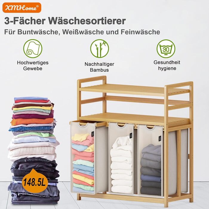 Бамбуковий сортер для білизни з 3 відділеннями, 148 літрів, 2 яруси, великий кошик для білизни з знімним мішком, прямокутна коробка для ванної, спальні та пральні, 77.5x41.3x100.5 см, бежевий (сірий)