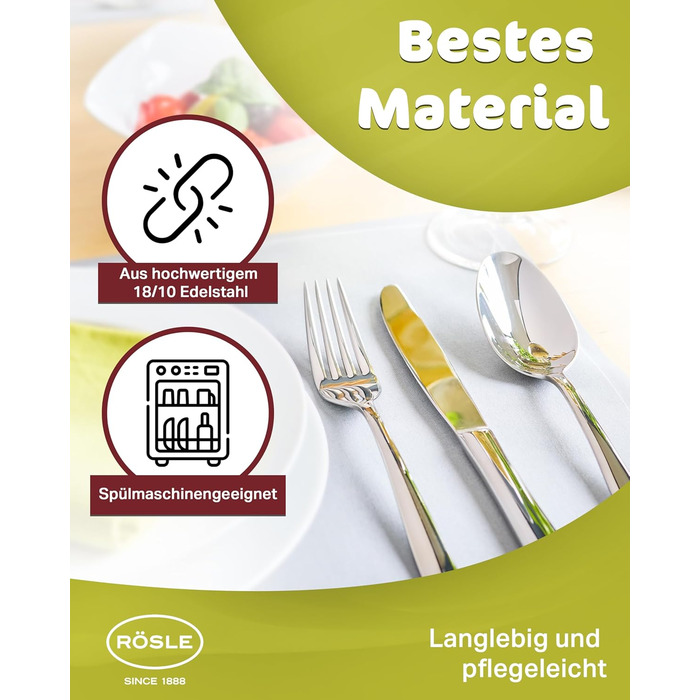 Набір столових приборів RöSLE ELEGANCE на 12 осіб (60 предметів) – високоглянцевий нержавіючий сталь 18/10, преміум якість, придатний для миття в посудомийній машині, в подарунковій коробці