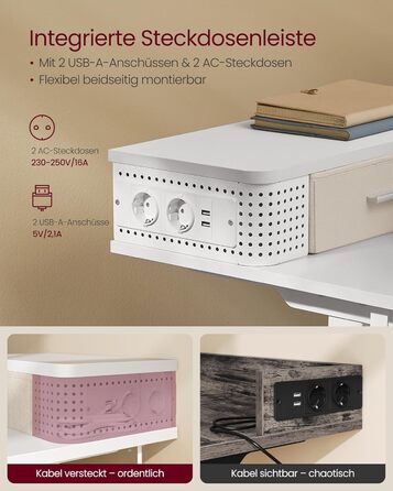 Електричний регульований стіл VASAGLE 120x60 см, білий, з підставкою для монітора, USB-роз'ємами, пам'яттю висоти