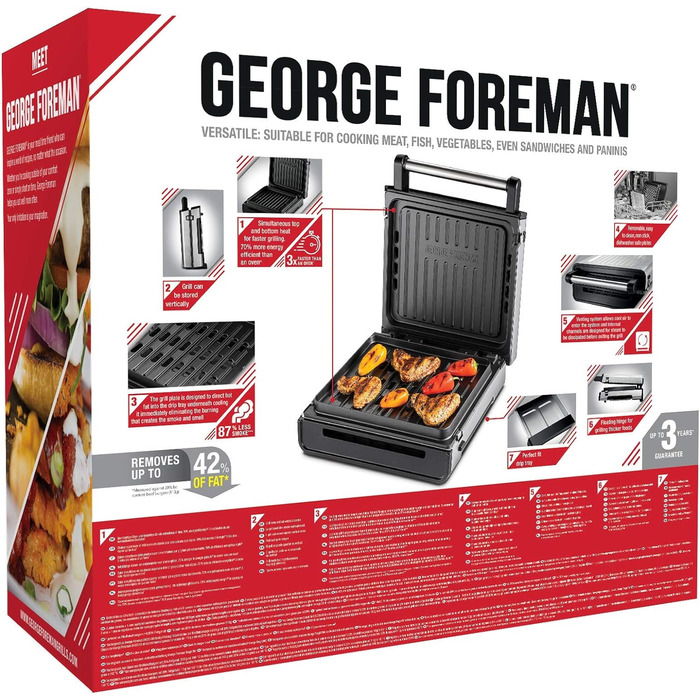 Контактний гриль George Foreman з антипригарним покриттям для приготування паніні та сендвічів [Без диму - 87% менше диму] Настільний гриль (знімні та придатні для миття в посудомийній машині пластини, температура 200°C, корпус з нержавіючої сталі) 28000-
