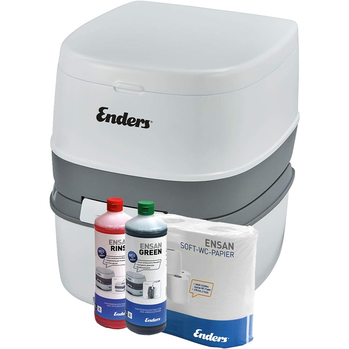 Кемпінговий туалет Enders Supreme Green Set: комфортна висота, мобільний, білий. В комплекті: 1л санітарної рідини, 1л рідини для стоків, туалетний папір.