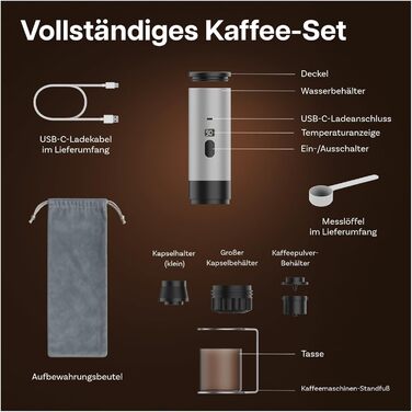 Портативна кавомашина MMOBIEL: електрична еспресо-машина з підігрівом, USB-C, для кави та капсул. Ідеально для подорожей, кемпінгу, дому, офісу. Білий колір + підставка