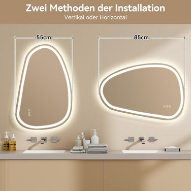 Дзеркало для ванної кімнати YOURLITE з підсвічуванням, 85x55 см, LED, сенсорне керування, 3 кольори світла, регулювання яскравості, антизапар, горизонтальне/вертикальне, IP44, білий