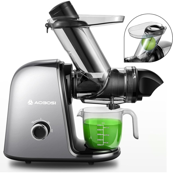 Електричний соковитискач AOBOSI Slow Juicer з 2 швидкостями, для овочів та фруктів, з 8-ступеневою спіраллю, щіткою для очищення та 2 чашами, функція реверсу, сірий