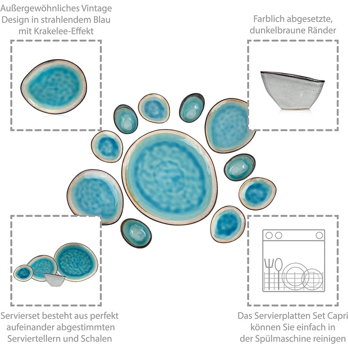 Набір посуду SINGER Capri 12 шт, набір тарілок на 4 персони, порцеляновий посуд, включаючи обідню тарілку, десертну тарілку та глибоку тарілку, обідній сервіз ручної роботи, бірюзово-синій набір посуду з сірим обідком (сервірувальний набір тарілок