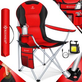 Крісло для кемпінгу KESSER Складне до 150 кг Крісло для риболовлі Розкладне крісло з оббивкою підлокітників, кемпінговим ліхтарем і підстаканником сумка з високою спинкою, пляжне крісло, складаний табурет, червоний/чорний Червоний / Чорний