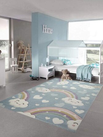 Килим-мрія Дитячий килим килим для дитячої кімнати Веселка з хмарами і сердечками синього кольору розмір 80x150 см (120 см круглої форми)