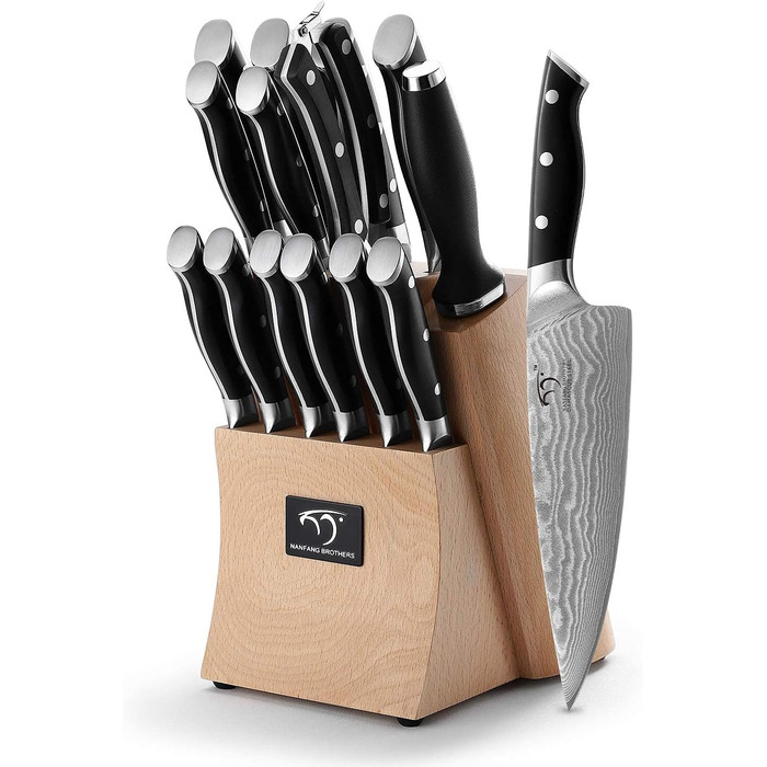 Набір кухонних ножів Дамаск з дерев'яним блоком, професійний набір ножів для кухні, VG10 сталь, 67 шарів, преміум якість