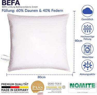 Подушка BEFA NATUR Made in Germany 80х80 см з 60 пухом і 40 пір'ям 1 класу, біла, вага наповнювача 900г. Підходить для алергіків (номіт), Downpass (2 шт. и) (80 х 80 см)