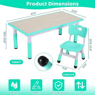 Дитячий стіл з 6 стільцями - комплект меблів для дитячого садка та кімнати, регульована висота, пластик, для хлопчиків та дівчаток (м'ятний)