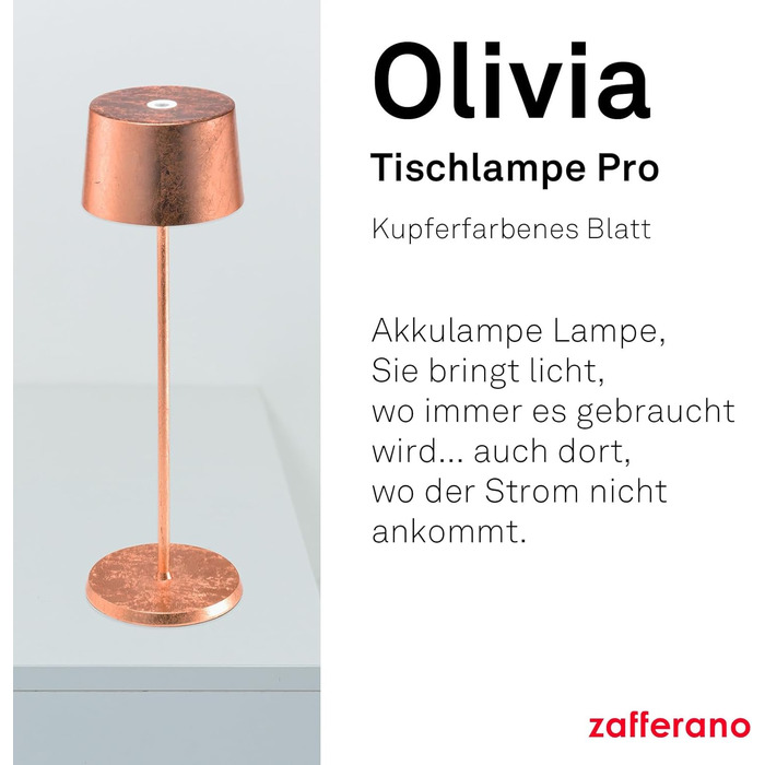 Zafferano Olivia Pro - портативна та перезарядна лампа для дому та саду, сенсорне керування, регулювання яскравості, 35 см, колір міді