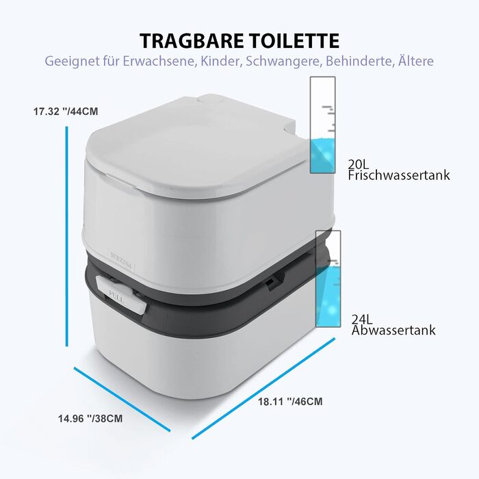 Мобільний туалет для кемпінгу з баком 24L та 20L, з бачком, покажчиком рівня води та щіткою