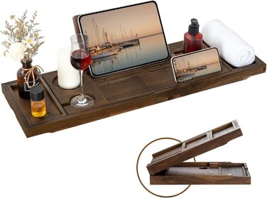 Підставка для ванни з текового дерева, розширювані ручки, тримачі для келиха вина та телефону, підставка для книг, для дому, спа, релаксації та читання, натуральний (темно-волоський)