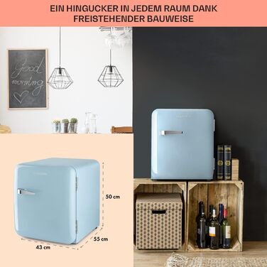 Klarstein Mini-холодильник з морозильною камерою, 32/37 л, для напоїв та косметики, ретро-дизайн, тихий, для кімнати, 2-в-1, енергоклас E, пастельно-блакитний
