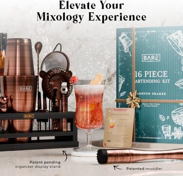 Набір бармена BARE BARREL® Mixology: 16 предметів для приготування коктейлів | Шейкер Boston, Мартіні, 35 рецептів | Преміум якість, мідь/чорний