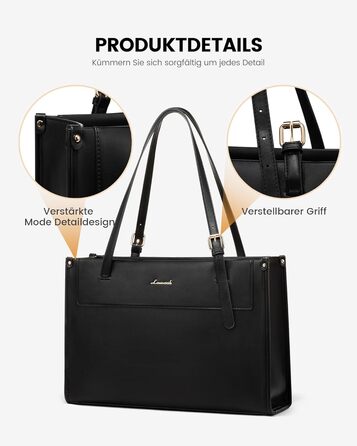 LOVEVOOK Сумка для ноутбука 15.6 дюймів, жіноча, велика, водонепроникна, сумка-шоппер, ділова, з PU шкіри, для офісу, навчання, чорна