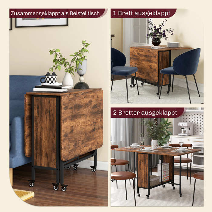 Розкладний обідній стіл, мобільний розкладний стіл на 6 осіб, з полицею, витримує до 50 кг, розміри 130 x 80 x 74 см, темно-коричневий