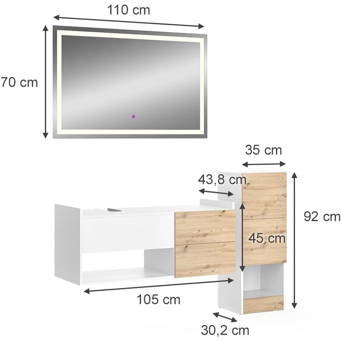 Тумба для ванної кімнати Alf, Дуб, 36x117 см, 2 ящики, Білий, Комплект 2