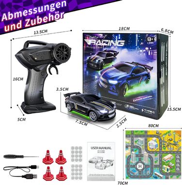 RC Дрифт-кар Mini Drift 1/64 з LED підсвіткою, 2 режими швидкості, чорний. Радіокерована іграшка для дітей та дорослих з перешкодами та килимком для перегонів