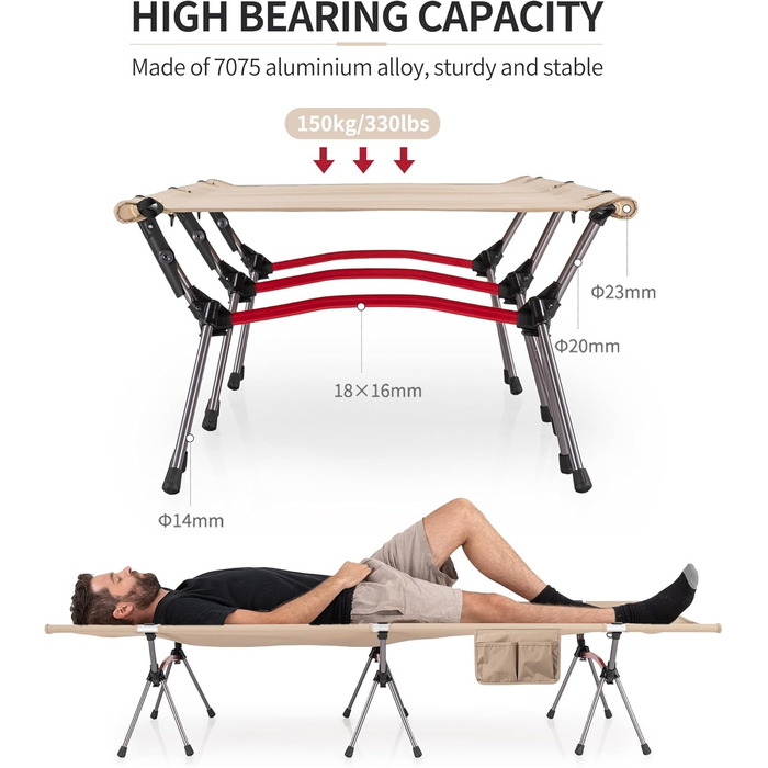 Польове ліжко Naturehike Ultralight: складане кемпінгове ліжко, витримує до 150 кг, регульована висота, бежеве