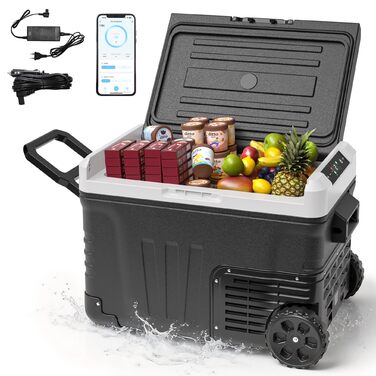 Автохолодильник EUHOMY 35л з Wi-Fi, 12/24V та 220V, портативний компресорний холодильник-морозильник (-20°C~20°C) з колесами та кошиками для подорожей, кемпінгу - чорний