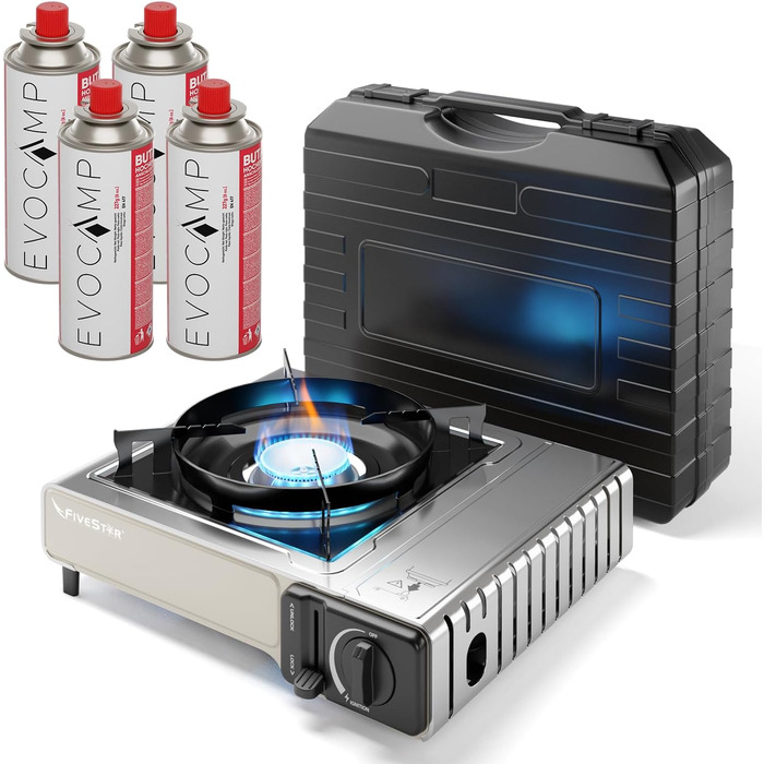 Газовий балонний нагрівач Gaskocher 1-flammig: портативний газовий нагрівач для кемпінгу та відпочинку на природі, 2.2 кВт, з п'єзозапалюванням та кейсом (+4 балончики)