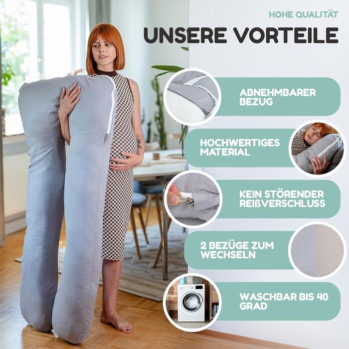 Подушка для сну на боці з двома чохлами - подушка для годування XXL, вагітна подушка для сну | Подушка для вагітних | Body Pillow | Подушка для сну та терапії | Комфортна подушка | Гнутий наповнювач з бавовняного джерсі