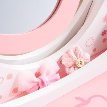 Дитячий туалетний столик LEADZM з пуфом для дівчаток, з шухлядою та двома 180° відкидними дзеркалами, для дітей 3-9 років (білий та рожевий)
