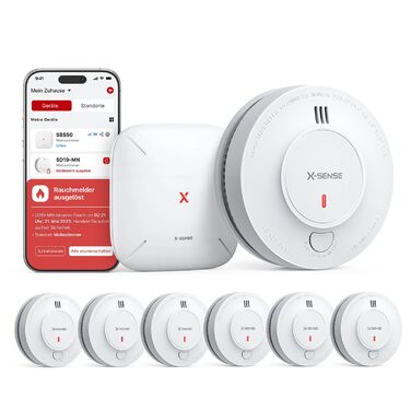 X-Sense Детектор диму з Wi-Fi, 10 років роботи батареї та базовою станцією SBS50 (6 шт.), фотоелектричний, бездротовий, SD19-MN61, білий